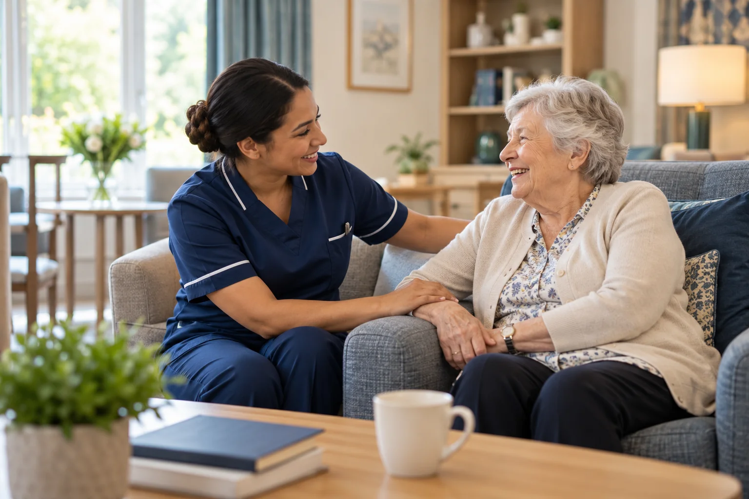 A care worker supporting an older adult