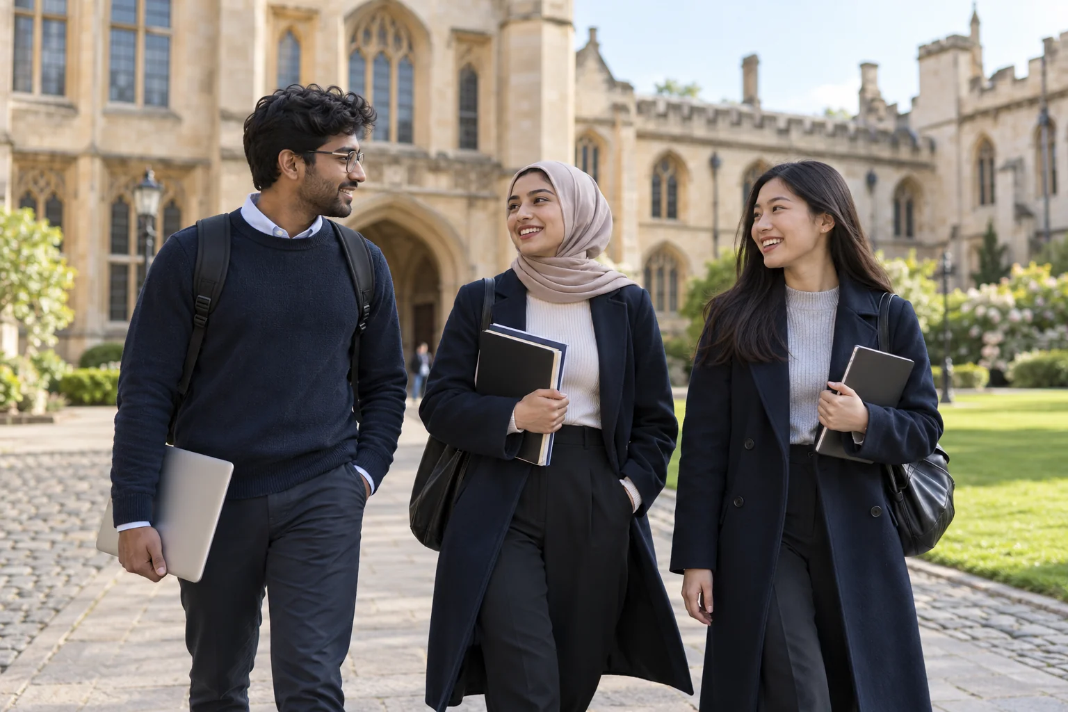 International students walking through a university courtyard